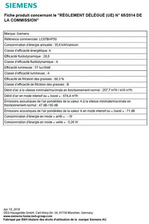 Hotte décorative murale Siemens LC67BHP50