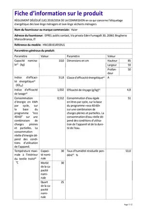 Lave-linge hublot HAIER HW100-B14959U1FR