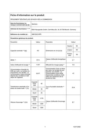 Lave-linge hublot Siemens WM12N218FR