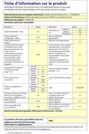 Lave-linge hublot THOMSON TWBI914A ENCASTRABLE