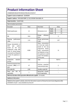 Lave-vaisselle Schneider SCLB272A0B - encastrable 60cm
