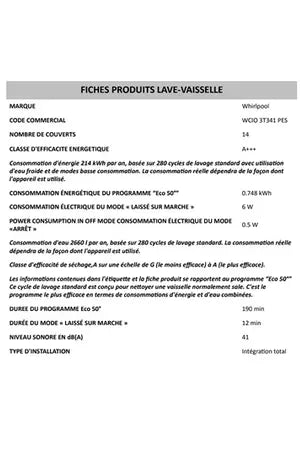 Lave-vaisselle Whirlpool WCIO3T341PES silence - encastrable 60cm