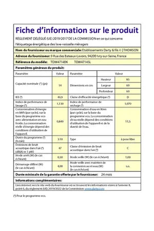 Thomson TDW4714DSL Lave vaisselle